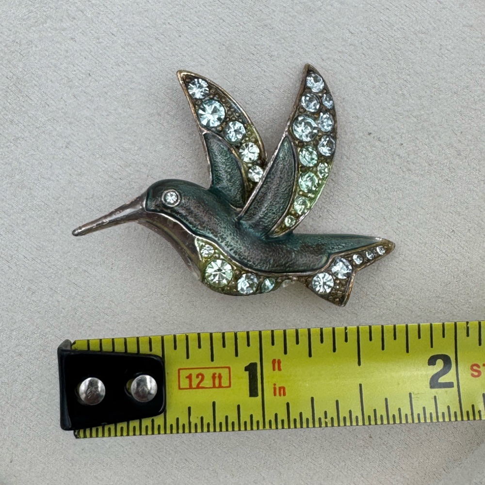 VTG Liz Claiborne LC Hummingbird Brooch Green Enamel Rhinestone Bird Pin Signed - Picture 6 of 8
